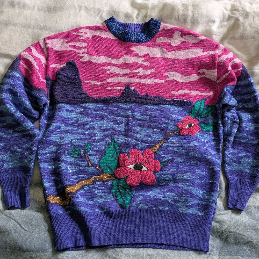 Mukzin surreal sweater eye flower psychedelic landscape pink blue